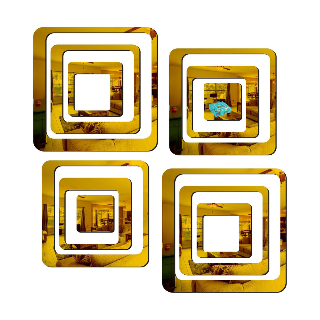 Luxury 3D Mirror Wall Art – Golden Squares (Set of 4)