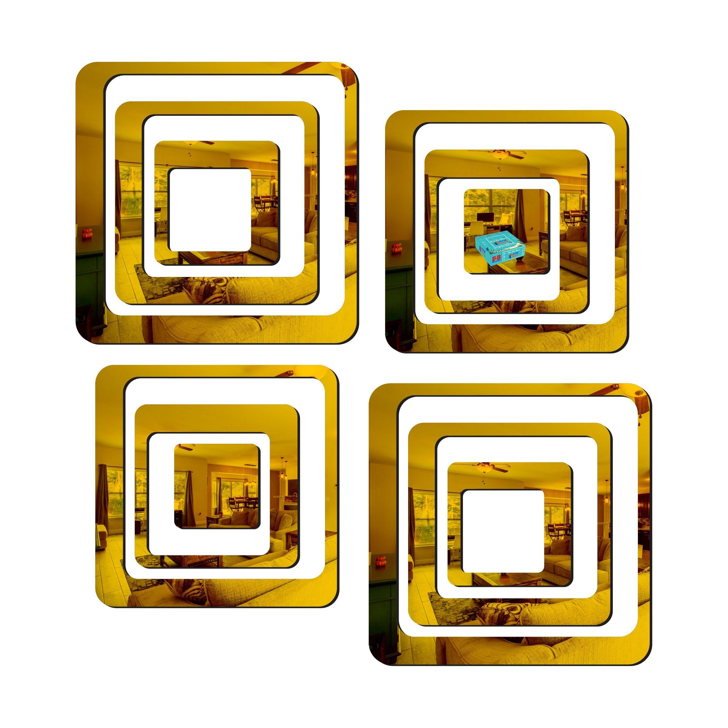 Luxury 3D Mirror Wall Art – Golden Squares (Set of 4)
