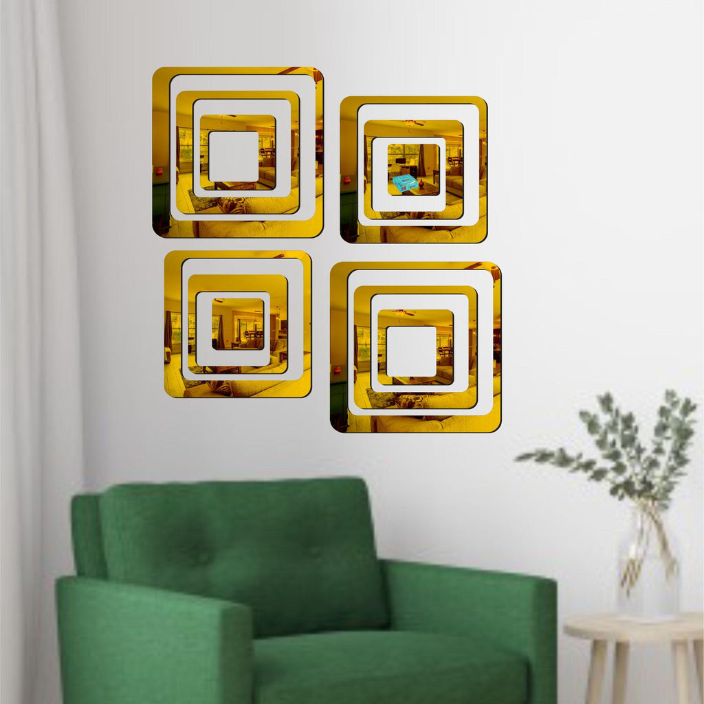 Luxury 3D Mirror Wall Art – Golden Squares (Set of 4)